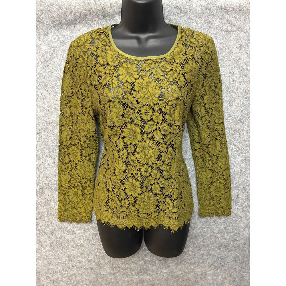 J.Crew Olive Green Floral Lace Tie Neck Long Sleeve Top Size 6 Boho Cottagecore